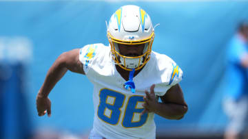 May 29, 2024; Costa Mesa, CA, USA; Los Angeles Chargers receiver Cornelius Johnson (86) during organized team activities at Hoag Performance Center.