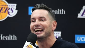 Sep 25, 2024; El Segundo, CA, USA; Los Angeles Lakers coach JJ Redick at press conference at UCLA Health Training Center. Mandatory Credit: Kirby Lee-Imagn Images