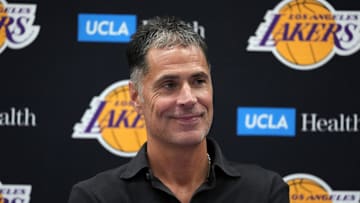 Sep 25, 2024; El Segundo, CA, USA; Los Angeles Lakers general manager Rob Pelinka at press conference at UCLA Health Training Center. Mandatory Credit: Kirby Lee-Imagn Images