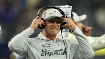 Nov 25, 2024; Inglewood, California, USA; Los Angeles Chargers coach Jim Harbaugh reacts against the Baltimore Ravens in the first half at SoFi Stadium. Mandatory Credit: Kirby Lee-Imagn Images