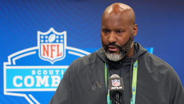 Feb 25, 2025; Indianapolis, IN, USA; Detroit Lions general manager Brad Holmes speaks during the NFL Scouting Combine at the Indiana Convention Center. Mandatory Credit: Kirby Lee-Imagn Images
