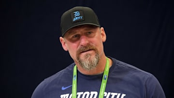 Feb 25, 2025; Indianapolis, IN, USA; Detroit Lions coach Dan Campbell speaks during the NFL Scouting Combine at the Indiana Convention Center. Mandatory Credit: Kirby Lee-Imagn Images