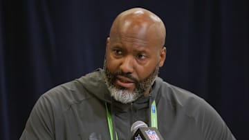 Feb 25, 2025; Indianapolis, IN, USA; Detroit Lions general manager Brad Holmes speaks during the NFL Scouting Combine at the Indiana Convention Center. Mandatory Credit: Kirby Lee-Imagn Images