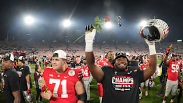 Jan 1, 2022; Pasadena, California, USA; Ohio State Buckeyes offensive lineman Ben Christman (71) celebrates after the 2022 Rose Bowl against the Utah Utes at Rose Bowl. Ohio State defeated Utah 48-45. Mandatory Credit: Kirby Lee-Imagn Images