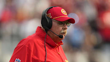 Sep 29, 2024; Inglewood, California, USA; Kansas City Chiefs coach Andy Reid looks on against the Los Angeles Chargers in the second half at SoFi Stadium. Mandatory Credit: Kirby Lee-Imagn Images