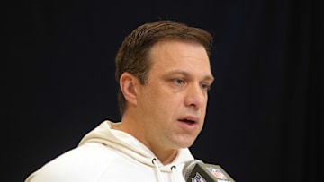 Feb 25, 2025; Indianapolis, IN, USA; Kansas City Chiefs general manager Brett Veach speaks during the NFL Scouting Combine at the Indiana Convention Center. Mandatory Credit: Kirby Lee-Imagn Images