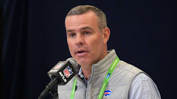 Feb 25, 2025; Indianapolis, IN, USA; Buffalo Bills general manager Brandon Beane speaks during the NFL Scouting Combine at the Indiana Convention Center. Mandatory Credit: Kirby Lee-Imagn Images