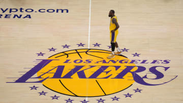 Jan 17, 2024; Los Angeles, California, USA; Los Angeles Lakers forward LeBron James (23) stands on the Lakers logo at center court in the first half against the Dallas Mavericks at Crypto.com Arena. Mandatory Credit: Kirby Lee-USA TODAY Sports