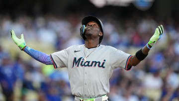 May 7, 2024; Los Angeles, California, USA; Miami Marlins center fielder Jazz Chisholm Jr. (2) celebrates after hitting a home run in the first inning against the Los Angeles Dodgers at Dodger Stadium. Mandatory Credit: Kirby Lee-USA TODAY Sports
