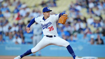 Jun 14, 2024; Los Angeles, California, USA; Los Angeles Dodgers starting pitcher Gavin Stone (35) throws in the first inning against the Kansas City Royals at Dodger Stadium. Mandatory Credit: Kirby Lee-USA TODAY Sports