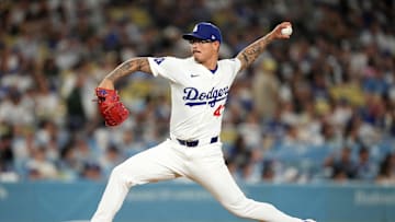 Aug 20, 2024; Los Angeles, California, USA; Los Angeles Dodgers relief pitcher Anthony Banda (43) throws against the Seattle Mariners at Dodger Stadium. Mandatory Credit: Kirby Lee-Imagn Images