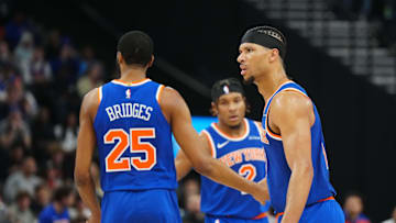 Mar 7, 2025; Inglewood, California, USA; New York Knicks guard Josh Hart (3) and forward Mikal Bridges (25) reactagainst the LA Clippers in the second half at Intuit Dome. Mandatory Credit: Kirby Lee-Imagn Images