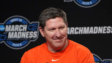 Mar 29, 2024; Los Angeles, CA, USA; Clemson Tigers coach Brad Brownell at a press conference at Crypto.com Arena. Mandatory Credit: Kirby Lee-Imagn Images