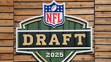 Apr 23, 2025; Green Bay, WI, USA; The 2025 NFL Draft logo at the NFL Draft Experience at Lambeau Field. Mandatory Credit: Kirby Lee-Imagn Images