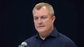 Feb 27, 2025; Indianapolis, IN, USA; San Francisco 49ers general manager John Lynch speaks during the 2025 NFL Scouting Combine at the Indiana Convention Center. Mandatory Credit: Kirby Lee-Imagn Images