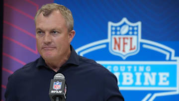 Feb 27, 2025; Indianapolis, IN, USA; San Francisco 49ers general manager John Lynch speaks during the 2025 NFL Scouting Combine at the Indiana Convention Center. Mandatory Credit: Kirby Lee-Imagn Images