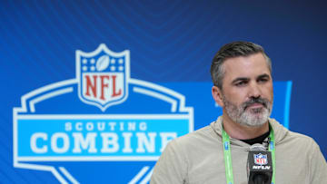 Feb 27, 2025; Indianapolis, IN, USA; Cleveland Browns coach Kevin Stefanski speaks during the 2025 NFL Scouting Combine at the Indiana Convention Center. Mandatory Credit: Kirby Lee-Imagn Images