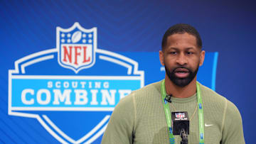 Feb 25, 2025; Indianapolis, IN, USA; Cleveland Browns general manager Andrew Berry speaks during the NFL Scouting Combine at the Indiana Convention Center. Mandatory Credit: Kirby Lee-Imagn Images