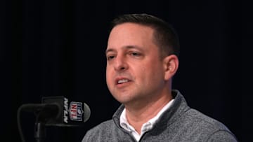 Feb 27, 2024; Indianapolis, IN, USA; New England Patriots director of scouting Eliot Wolf during the NFL Scouting Combine at Indiana Convention Center. Mandatory Credit: Kirby Lee-Imagn Images