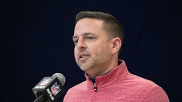 Feb 27, 2025; Indianapolis, IN, USA; New England Patriots general manager Eliot Wolf speaks during the 2025 NFL Scouting Combine at the Indiana Convention Center. Mandatory Credit: Kirby Lee-Imagn Images