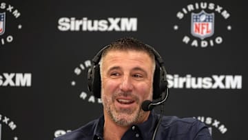 Feb 25, 2025; Indianapolis, IN, USA; New England Patriots coach Mike Vrabel on the SiriusXM radio set at the NFL Scouting Combine at the Indiana Convention Center. Mandatory Credit: Kirby Lee-Imagn Images