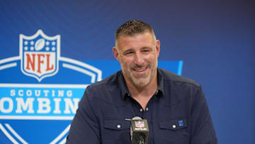 Feb 25, 2025; Indianapolis, IN, USA; New England Patriots coach Mike Vrabel speaks during the NFL Scouting Combine at the Indiana Convention Center. Mandatory Credit: Kirby Lee-Imagn Images
