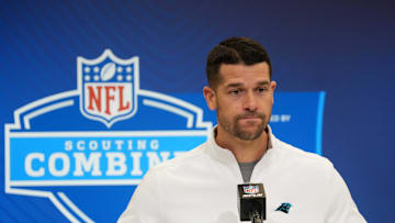 Feb 25, 2025; Indianapolis, IN, USA; Carolina Panthers coach Dave Canales speaks during the NFL Scouting Combine at the Indiana Convention Center. Mandatory Credit: Kirby Lee-Imagn Images