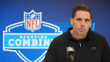 Feb 25, 2025; Indianapolis, IN, USA; Carolina Panthers general manager Dan Morgan speaks during the NFL Scouting Combine at the Indiana Convention Center. Mandatory Credit: Kirby Lee-Imagn Images