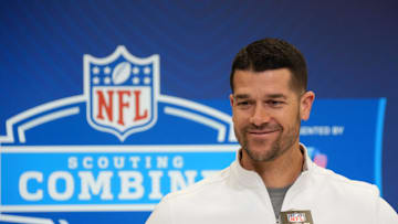 Feb 25, 2025; Indianapolis, IN, USA; Carolina Panthers coach Dave Canales speaks during the NFL Scouting Combine at the Indiana Convention Center. Mandatory Credit: Kirby Lee-Imagn Images