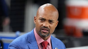 Dec 16, 2024; Paradise, Nevada, USA; Atlanta Falcons general manager Terry Fontenot reacts during the game against the Las Vegas Raiders at Allegiant Stadium. Mandatory Credit: Kirby Lee-Imagn Images
