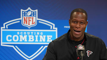 Feb 25, 2025; Indianapolis, IN, USA; Atlanta Falcons coach Raheem Morris speaks during the NFL Scouting Combine at the Indiana Convention Center. Mandatory Credit: Kirby Lee-Imagn Images