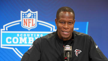 Feb 25, 2025; Indianapolis, IN, USA; Atlanta Falcons coach Raheem Morris speaks during the NFL Scouting Combine at the Indiana Convention Center. Mandatory Credit: Kirby Lee-Imagn Images