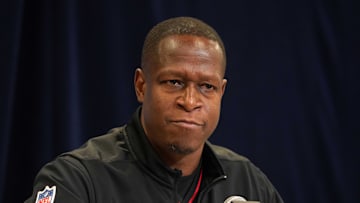 Feb 25, 2025; Indianapolis, IN, USA; Atlanta Falcons coach Raheem Morris speaks during the NFL Scouting Combine at the Indiana Convention Center. Mandatory Credit: Kirby Lee-Imagn Images