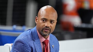 Dec 16, 2024; Paradise, Nevada, USA; Atlanta Falcons general manager Terry Fontenot reacts during the game against the Las Vegas Raiders at Allegiant Stadium. Mandatory Credit: Kirby Lee-Imagn Images