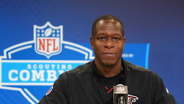 Feb 25, 2025; Indianapolis, IN, USA; Atlanta Falcons coach Raheem Morris speaks during the NFL Scouting Combine at the Indiana Convention Center. Mandatory Credit: Kirby Lee-Imagn Images