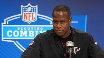 Feb 25, 2025; Indianapolis, IN, USA; Atlanta Falcons coach Raheem Morris speaks during the NFL Scouting Combine at the Indiana Convention Center. Mandatory Credit: Kirby Lee-Imagn Images