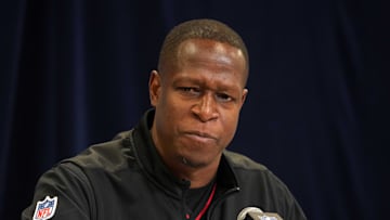 Feb 25, 2025; Indianapolis, IN, USA; Atlanta Falcons coach Raheem Morris speaks during the NFL Scouting Combine at the Indiana Convention Center. Mandatory Credit: Kirby Lee-Imagn Images