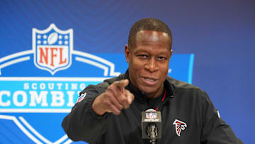 Feb 25, 2025; Indianapolis, IN, USA; Atlanta Falcons coach Raheem Morris speaks during the NFL Scouting Combine at the Indiana Convention Center. Mandatory Credit: Kirby Lee-Imagn Images