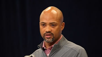 Feb 25, 2025; Indianapolis, IN, USA; Atlanta Falcons general manager Terry Fontenot speaks during the NFL Scouting Combine at the Indiana Convention Center. Mandatory Credit: Kirby Lee-Imagn Images