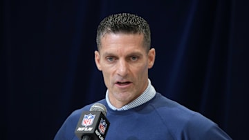 Feb 27, 2025; Indianapolis, IN, USA; Houston Texans general manager Nick Caserio speaks during the 2025 NFL Scouting Combine at the Indiana Convention Center. Mandatory Credit: Kirby Lee-Imagn Images