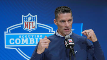 Feb 27, 2025; Indianapolis, IN, USA; Houston Texans general manager Nick Caserio speaks during the 2025 NFL Scouting Combine at the Indiana Convention Center. Mandatory Credit: Kirby Lee-Imagn Images