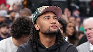 May 1, 2025; Inglewood, California, USA; Houston Texans quarterback C.J. Stroud attends game six of first round for the 2025 NBA Playoffs between the Denver Nuggets and the LA Clippers at Intuit Dome. Mandatory Credit: Kirby Lee-Imagn Images