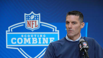 Feb 27, 2025; Indianapolis, IN, USA; Houston Texans general manager Nick Caserio speaks during the 2025 NFL Scouting Combine at the Indiana Convention Center. Mandatory Credit: Kirby Lee-Imagn Images