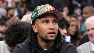 May 1, 2025; Inglewood, California, USA; Houston Texans quarterback C.J. Stroud attends game six of first round for the 2025 NBA Playoffs between the Denver Nuggets and the LA Clippers at Intuit Dome. Mandatory Credit: Kirby Lee-Imagn Images