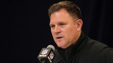 Feb 25, 2025; Indianapolis, IN, USA; Green Bay Packers general manager Brian Gutekunst speaks during the NFL Scouting Combine at the Indiana Convention Center.
