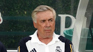 Jul 23, 2023; Pasadena, California, USA; Real Madrid coach Carlo Ancelotti watches during the game against AC Milanthe Rose Bowl. Mandatory Credit: Kirby Lee-Imagn Images