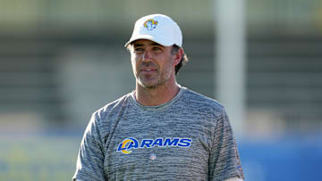 Jul 26, 2023; Irvine, CA, USA; Los Angeles Rams quarterbacks coach Zac Robinson during training camp at UC Irvine. Mandatory Credit: Kirby Lee-Imagn Imagesjk