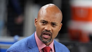 Dec 16, 2024; Paradise, Nevada, USA; Atlanta Falcons general manager Terry Fontenot reacts during the game against the Las Vegas Raiders at Allegiant Stadium. Mandatory Credit: Kirby Lee-Imagn Images