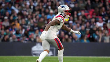 Oct 20, 2024; London, United Kingdom; New England Patriots cornerback Christian Gonzalez (0) in the second half of an NFL International Series game against the Jacksonville Jaguars at Wembley Stadium. Mandatory Credit: Kirby Lee-Imagn Images