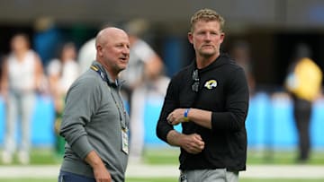 Aug 17, 2024; Inglewood, California, USA; Los Angeles Chargers general manager Joe Hortiz (left) and Los Angeles Rams general manager Les Snead Mandatory Credit: Kirby Lee-Imagn Images